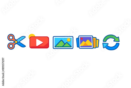 Various tools for editing and managing digital media such as videos and images displayed in a row on a plain background