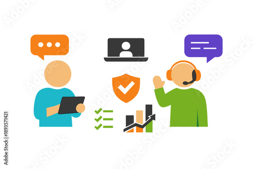 People talking through video call, discussing security and data management, while looking at charts and graphs during a virtual meeting in a modern office setting