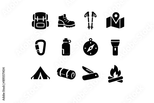 Collection of black camping and hiking icons on a white background