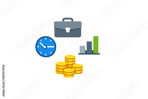 Focus on business, finance, and time management with symbols that represent work, earnings, and productivity in an abstract design