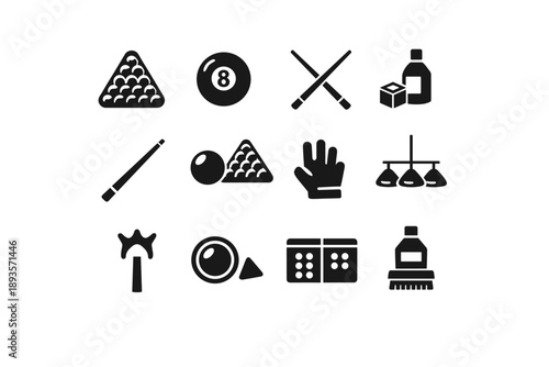 Collection of black billiard game icons and accessories on a white background