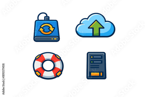 Four icons showing a data backup process, cloud storage upload, lifebuoy symbol for safety, and a server interface for managing records