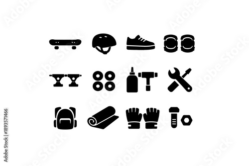 Skateboarding equipment and tools icons set for sports and recreation