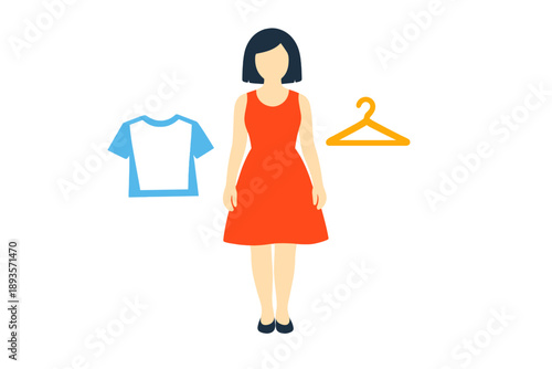Woman standing with a red dress next to a blue shirt and a hanger in a simple setting about choosing an outfit