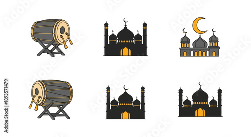Celebrating Idul Fitri with drums and mosques illustrations during festive events