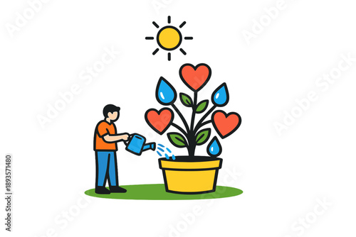 Person waters a plant with heart-shaped leaves under a sun in a simple garden setting during daytime