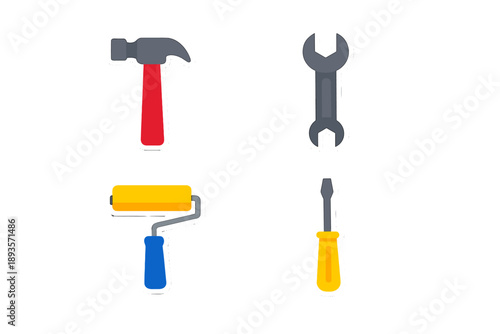 Different tools shown for various repair and construction tasks displayed with simple designs and colors on a plain background
