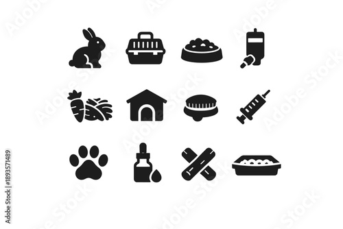 Collection of veterinary and pet care icons including a rabbit, carrier, food bowl, and syringe