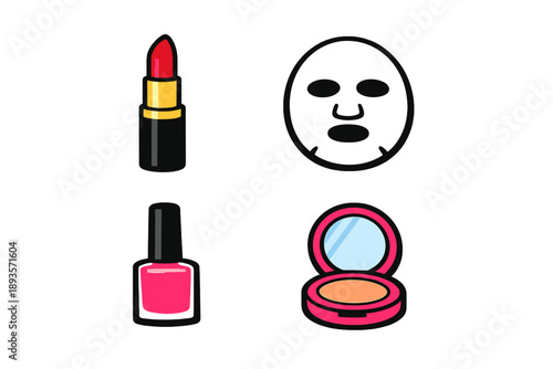 Makeup products including lipstick, face mask, nail polish, and compact mirror shown in a simple arrangement on a white background