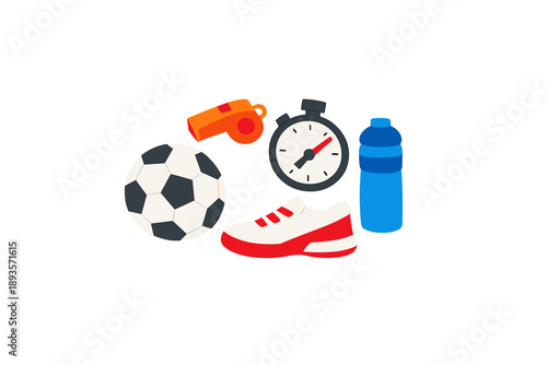 Collection of sports items including a soccer ball, whistle, stopwatch, water bottle, and shoes used for training in an athletic setting