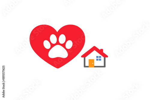 Heart symbol with paw print and house design showing love for pets and the concept of a pet-friendly home in a simple graphic design