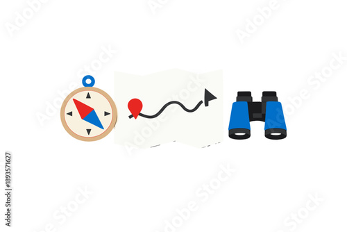 Exploring outdoors with a compass, map, and binoculars during a sunny day in the forest for a weekend adventure