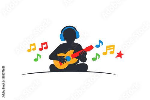 Child plays ukulele and listens to music while sitting on the ground with colorful notes around in a simple setting