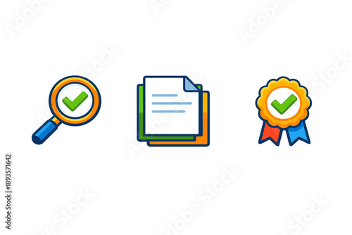 Icons showing search, document creation, and award symbol to represent various tasks like checking, writing, and achieving goals in an office setting