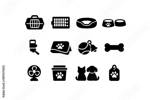 Collection of pet care and accessory icons, including travel carriers, beds, bowls, and toys