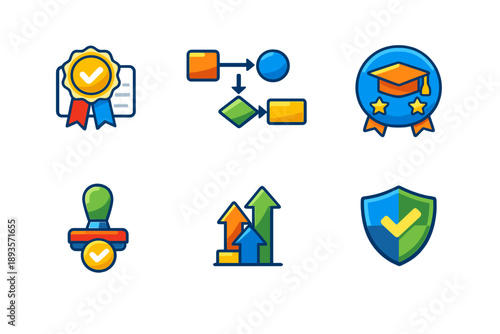 Icons showing various concepts like achievement, education, verification, growth, and security found in a modern digital design