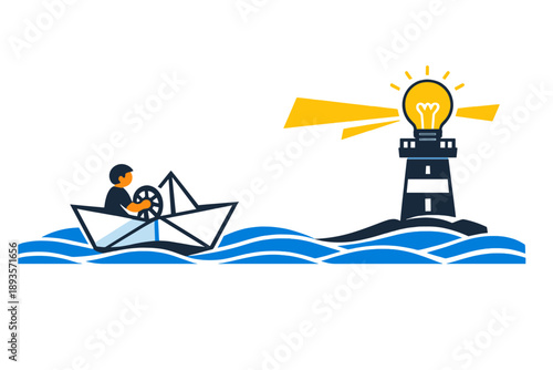 Sailor steers boat toward lighthouse while waves crash in the water during nighttime in a coastal area