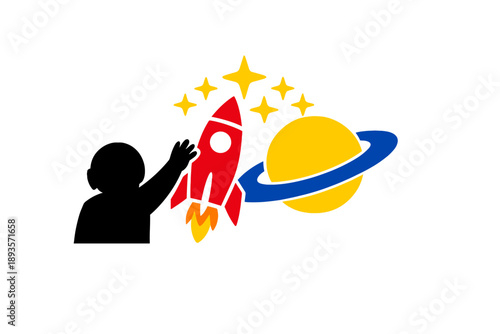 Child reaching for a rocket in a colorful space scene with stars and a planet