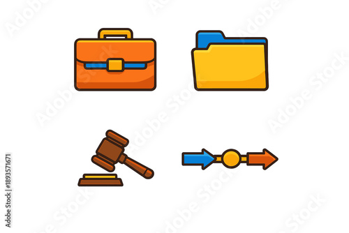 Icons representing legal concepts such as a briefcase, a folder, a gavel, and an arrow sign indicating direction in a law-related context