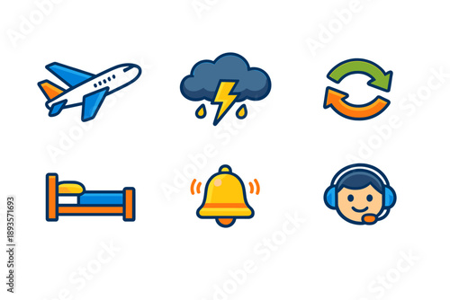 Icons showing different elements of travel such as flight, weather, hotel, and assistance in a clear layout suitable for travel-related content