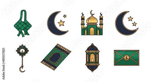 Celebrating Idul Fitri with Islamic symbols and crescent moons in a serene illustration