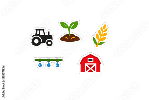Farm tools and plants show activities on a farm with a tractor, seeds, water system, and barn present demonstrating farming tasks
