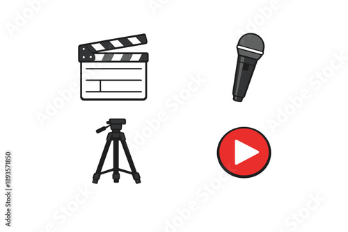 Tools used for video production including a clapboard, microphone, tripod, and play button icon arranged in a simple layout for content creation