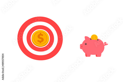 Cute piggy bank and target symbol showing the goal of saving money and achieving financial success