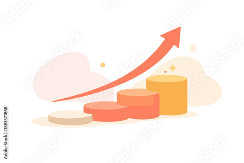 Growth in business performance shown by a rising arrow and stacked circular bars in a simple design