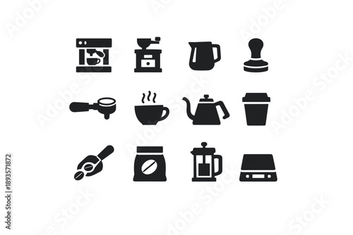Collection of coffee making equipment icons on a white background