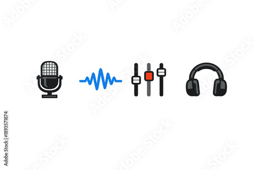 Icons representing sound and audio equipment with a microphone, sound wave, audio mixer, and headphones arranged in a line