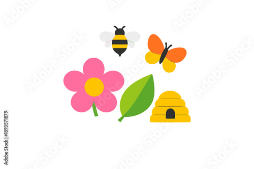 Colorful shapes of a flower, bee, butterfly, leaf, and beehive set on a white background creating a playful scene for kids in an educational setting