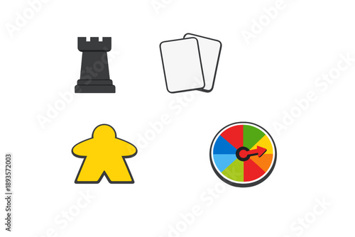 Board game pieces are displayed on a plain background showing different components that are used during play in various games