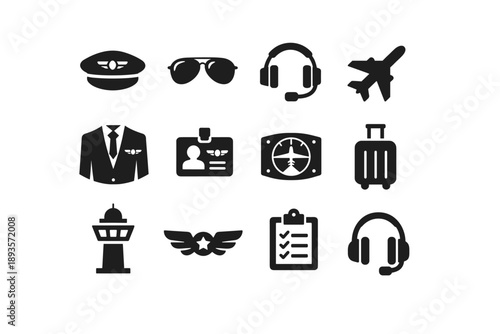 Collection of aviation and pilot icons for travel and airline industry themes