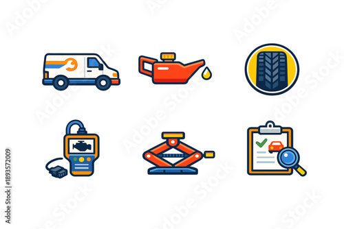 Icons showing vehicle maintenance tools and services with oil, a tire, and a service van