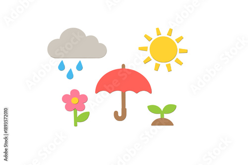 Sunny and rainy weather scene with a flower, sun, umbrella, cloud, and plant at a playful design time