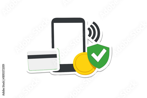 Mobile payment system with a smartphone, credit card, and security symbols showing digital transactions in a modern setting during the day