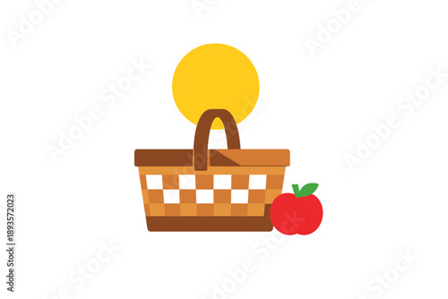 Picnic basket with red apple and sun in the background during a sunny day in a park or outdoor setting for a fun afternoon
