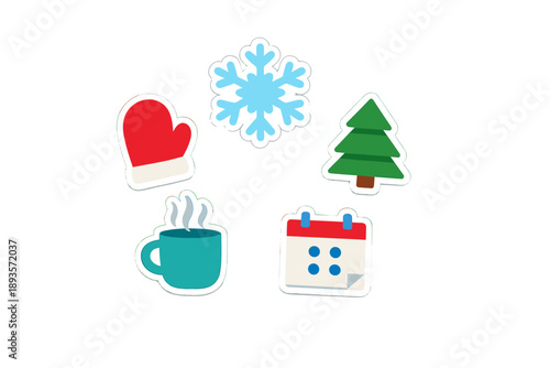 Festive winter symbols including a snowflake, Christmas tree, warm drink, calendar, and mittens displayed together in a simple arrangement in a digital format