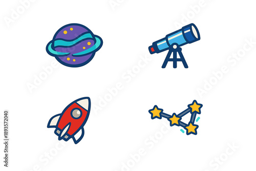 Colorful illustrations showing a planet, a telescope, a rocket, and a constellation in a simple design for teaching space concepts to children