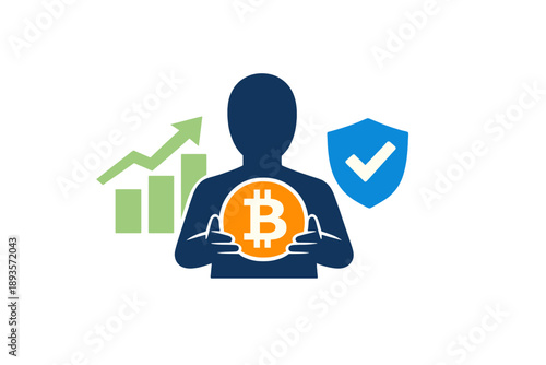 Holding bitcoin with graphs and a shield in the background during a digital finance discussion