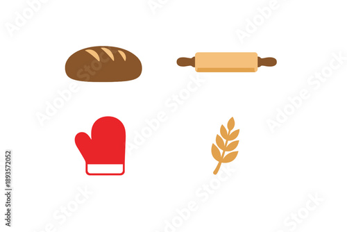 Baking bread requires a loaf, rolling pin, oven mitt, and wheat stalk in a kitchen setting during daytime