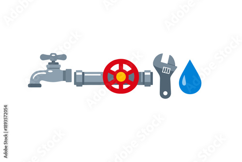 Pipe system with a valve, a wrench, and a water drop displayed on a simple background in a workshop setting showing plumbing tools and equipment