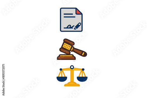 Symbolic representation of legal concepts with icons of a contract, gavel, and scales of justice