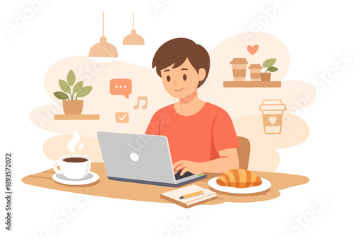Young man works on a laptop at a cafe with drinks, snacks, and plants in the background during the day