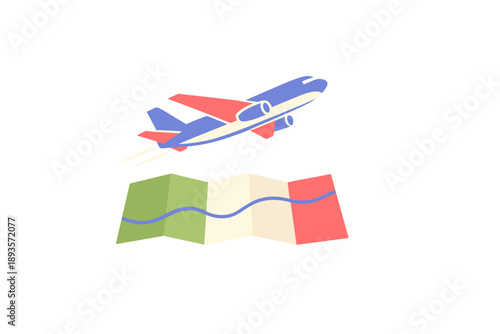 Flying airplane over a colorful map of Italy shows travel and exploration in various regions during any time of the year