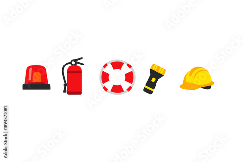 Emergency equipment shown includes a siren, fire extinguisher, life ring, flashlight, and hard hat arranged in a line