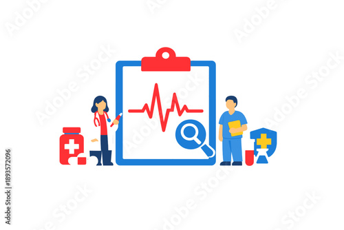 Healthcare professionals work on patient records and medical analysis while surrounded by medical supplies and data symbols