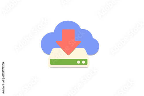 Cloud storage icon showing a downward arrow from a cloud to a server with a green loading indicator for file transfer and data backup purposes