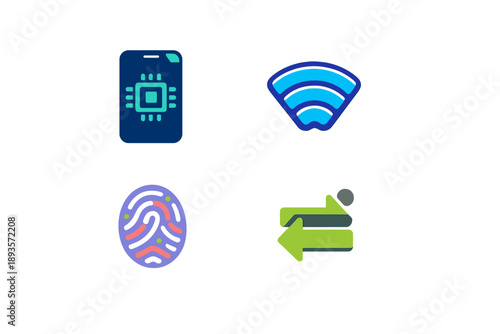 Icons representing technology, connectivity, security, and biometric identification in a simple design format